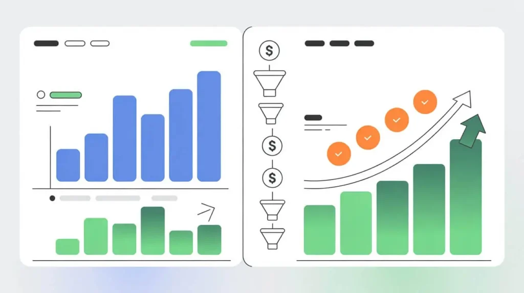 High conversion-focused PPC dashboard showing clicks vs conversions comparison.