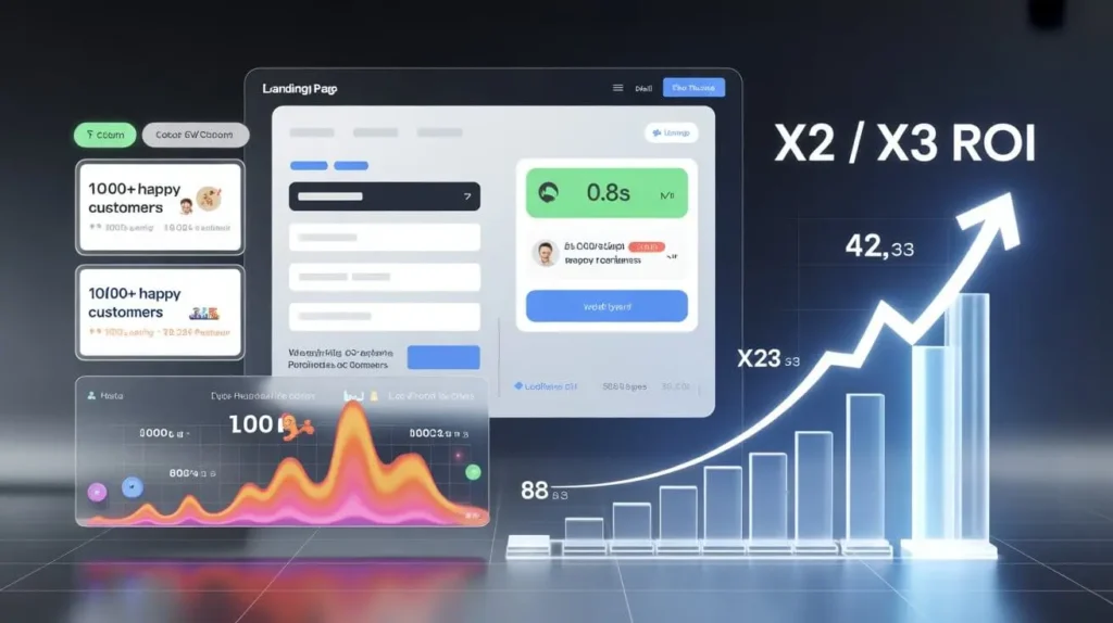Landing page CRO testing with rising conversion graph showing multiplied ROI.