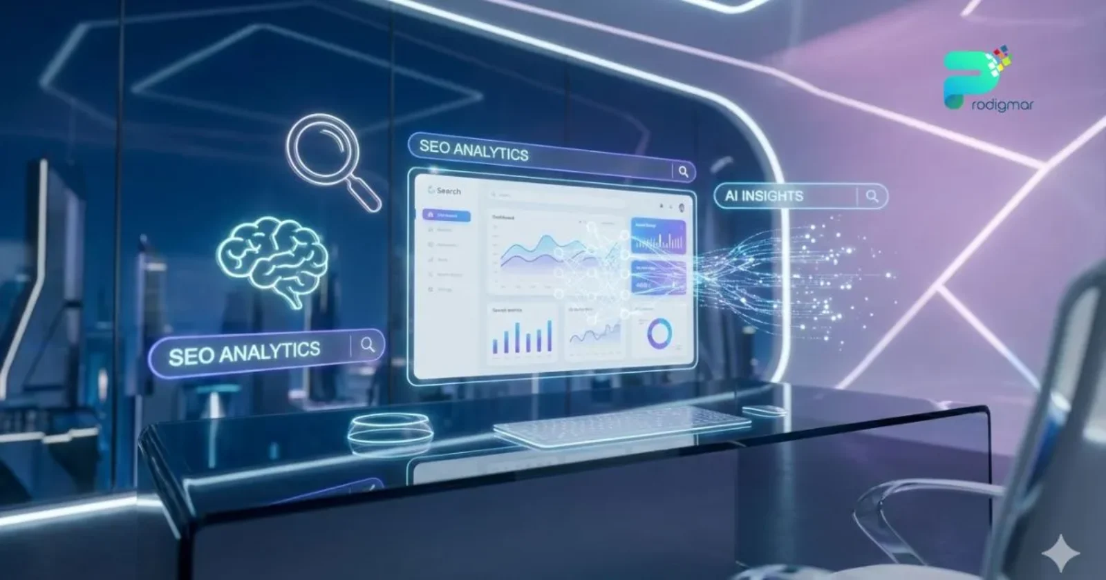 Illustration showing the future of SEO trends with AI-driven search insights and digital data visualization.