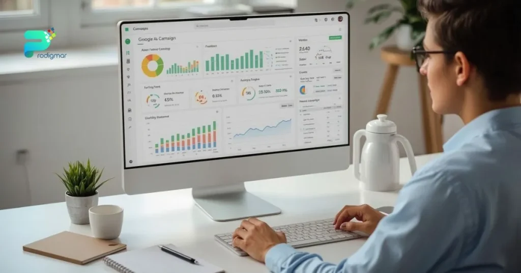 Marketer reviewing a neatly organized Google Ads dashboard in a bright, tidy office workspace for clear campaign management.
