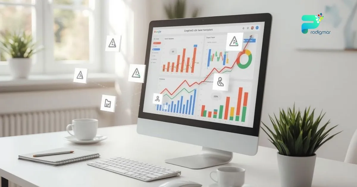 Computer screen showing Google Ads dashboards, rising graphs, and conversion icons on a bright office desk symbolizing business growth and paid search scaling.