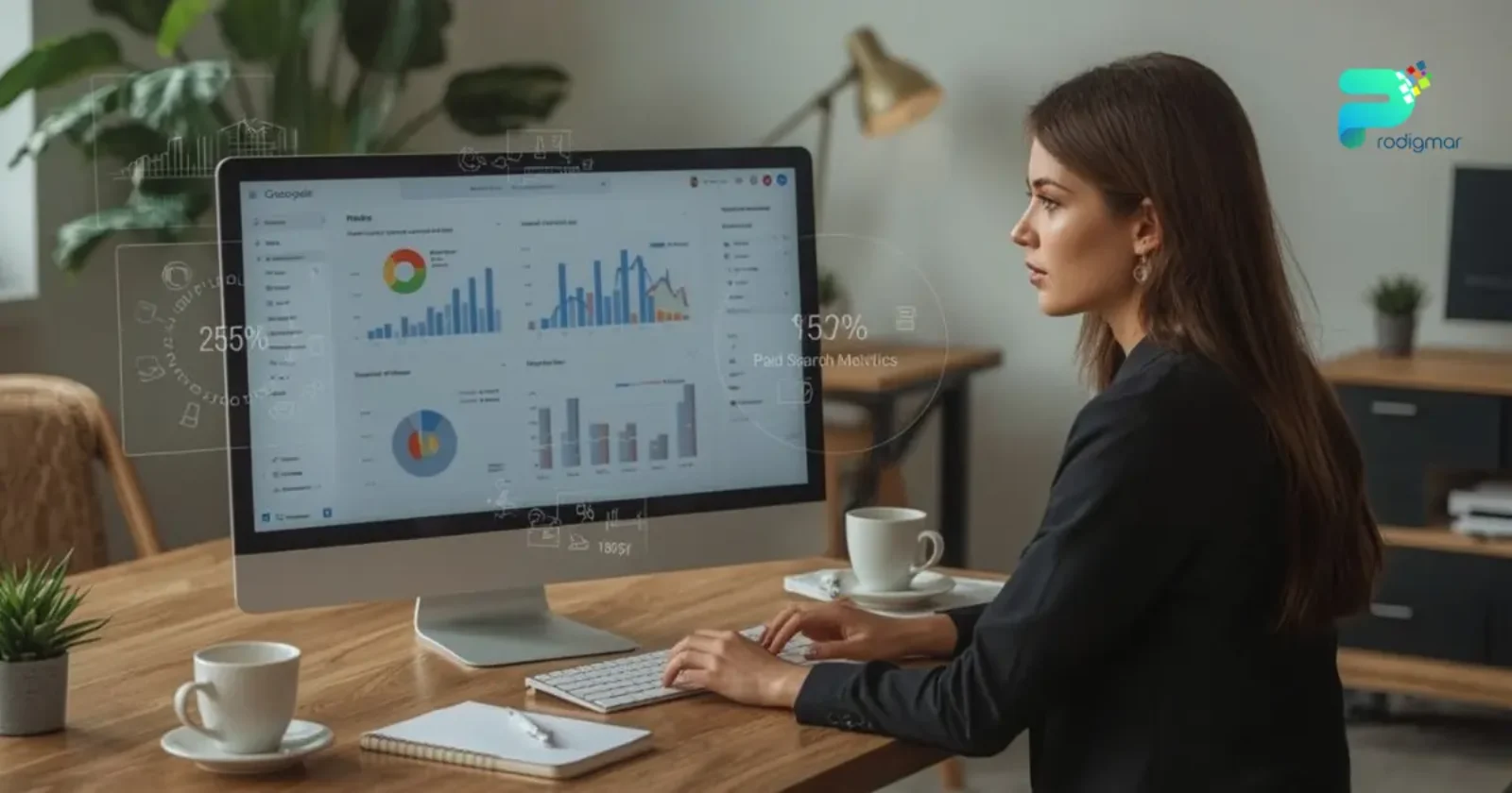 A businesswoman reviewing Google Ads performance on her computer in a modern, tidy office with soft natural lighting, charts, and analytics overlays visible on the screen.