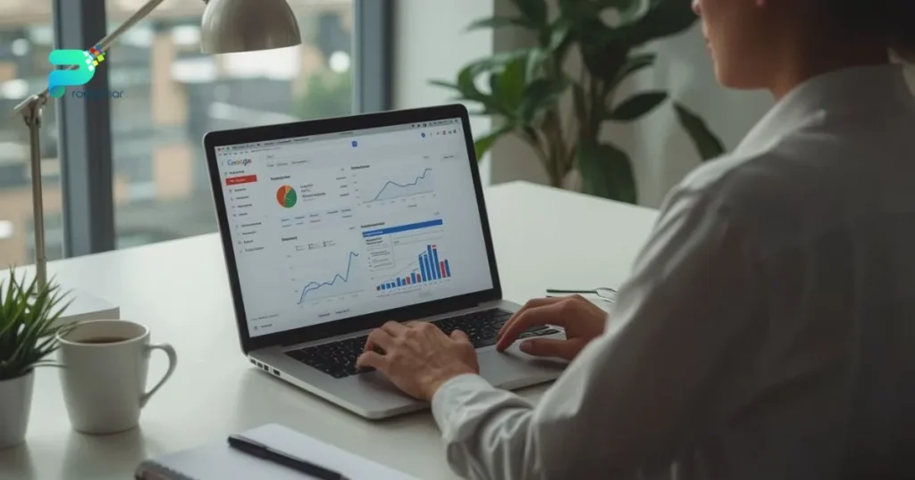 Business owner reviewing Google Ads performance on a laptop in a bright, organized office with charts and metrics visible on the screen.