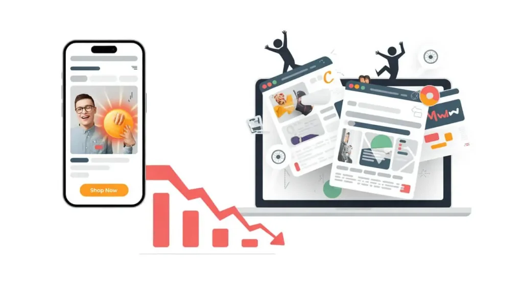 Strong ad leading to a weak landing page illustrating drop in conversions.