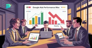 marketing-team-analyzing-underperforming-google-ads-campaign Marketing team analyzing underperforming Google Ads Performance Max campaign results.