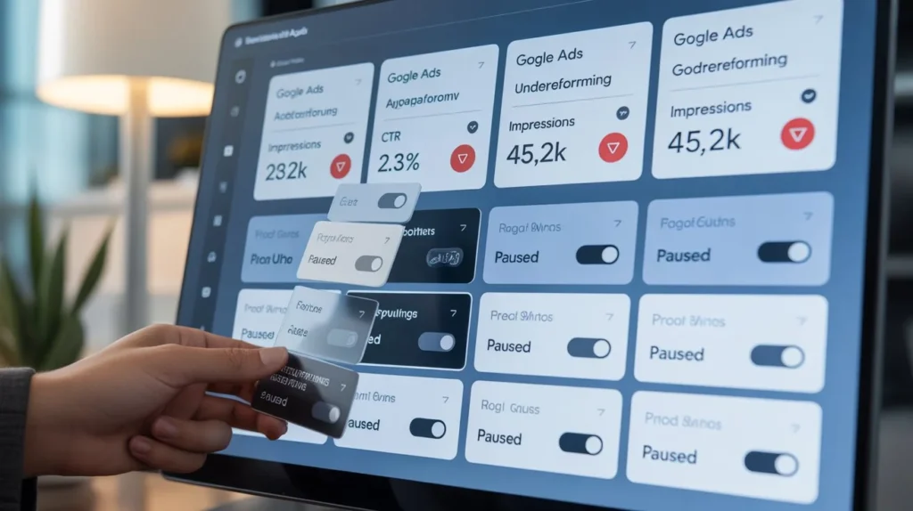Optimizing Google Ads asset groups by pausing underperforming creatives.