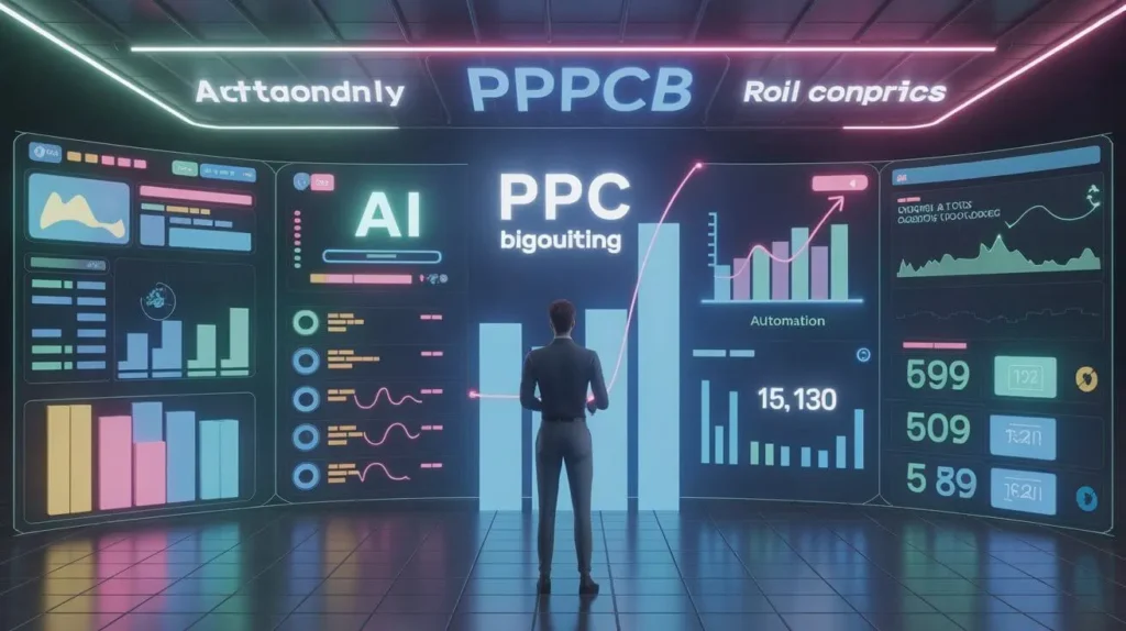 AI managing PPC bids while a strategist analyses conversion and creative strategy.