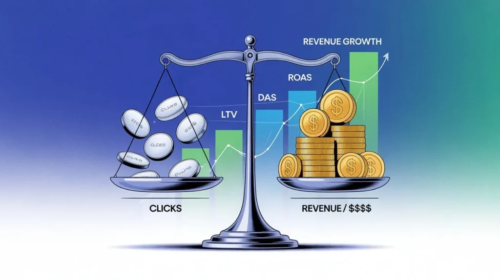 Scale comparing clicks versus revenue, highlighting profit-focused PPC outcomes.