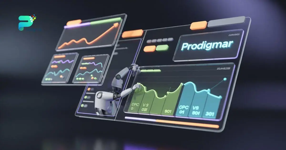 Futuristic PPC dashboard with rising conversion metrics and automation insights.