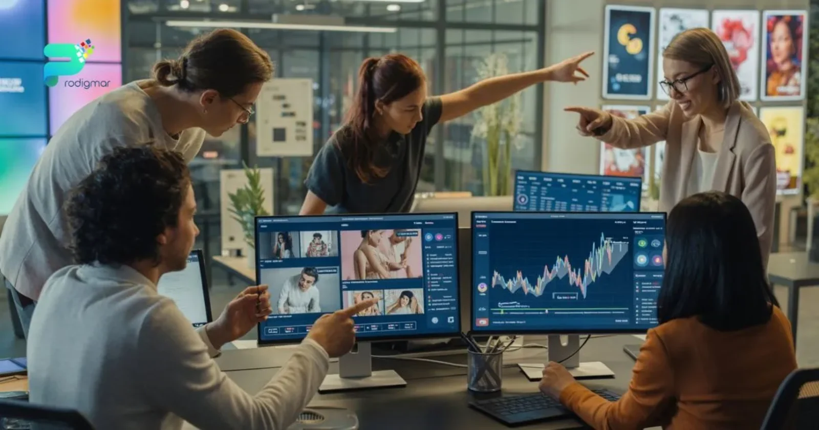 Team using AI video editing tools and analytics screens in a modern marketing office.