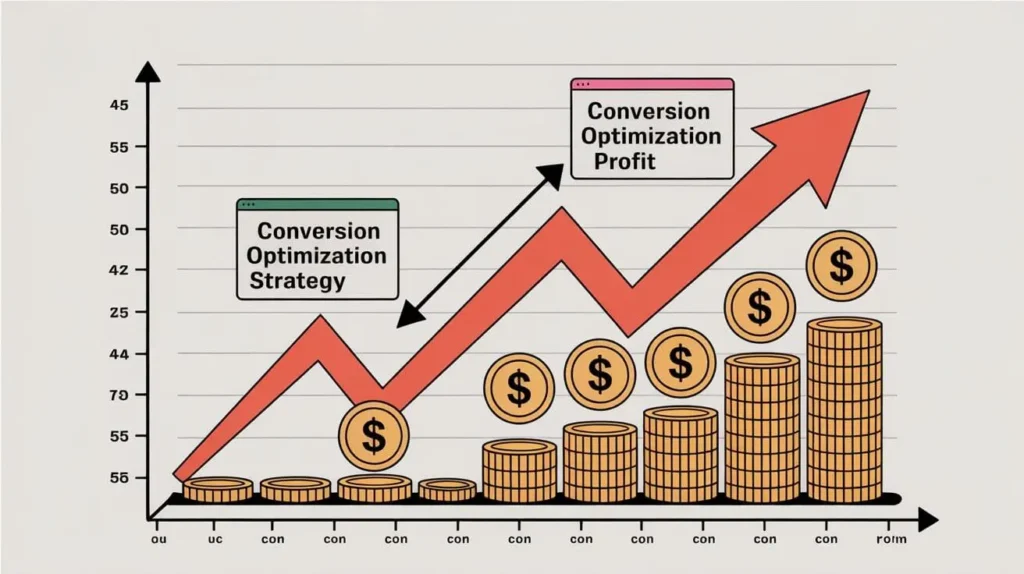 Rising ad costs graph contrasted with strong conversions maintaining profitability.