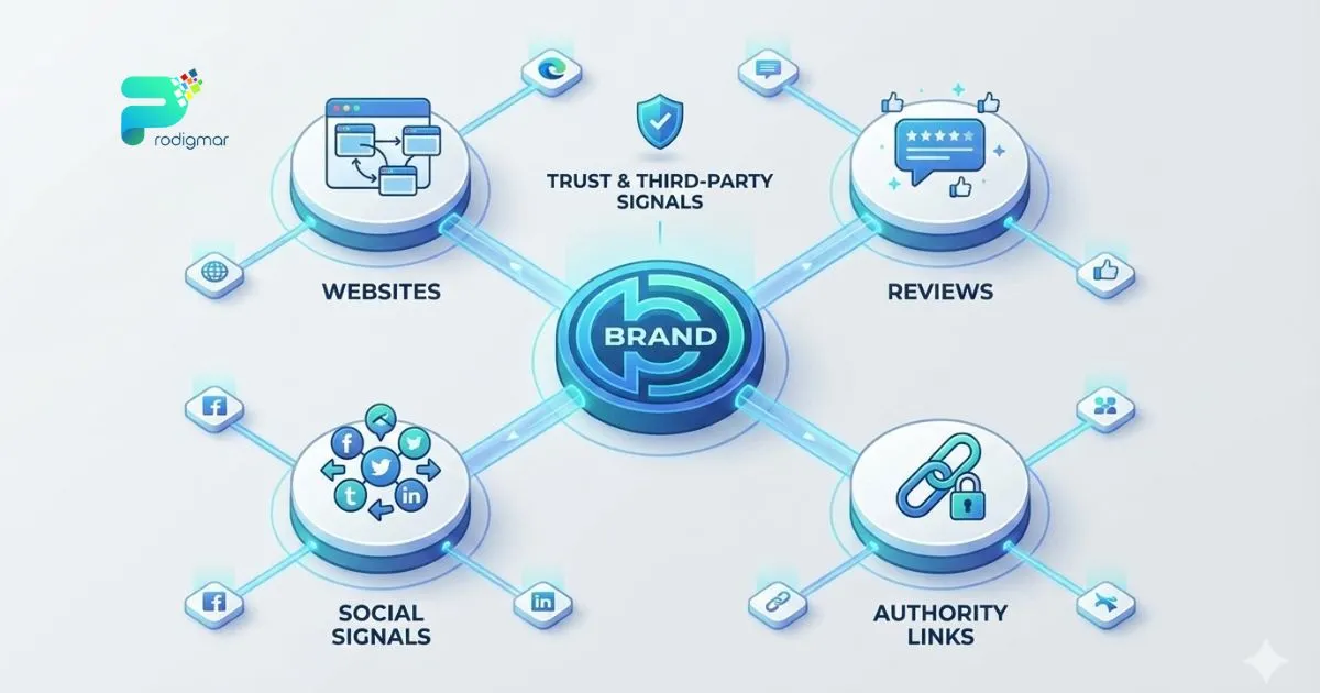 Visual representation of SEO trends focusing on brand authority, visibility metrics, and third-party signals.