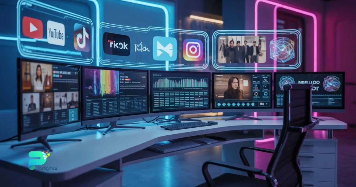 Hero banner showing futuristic video marketing dashboard with AI tools and multi-platform videos.