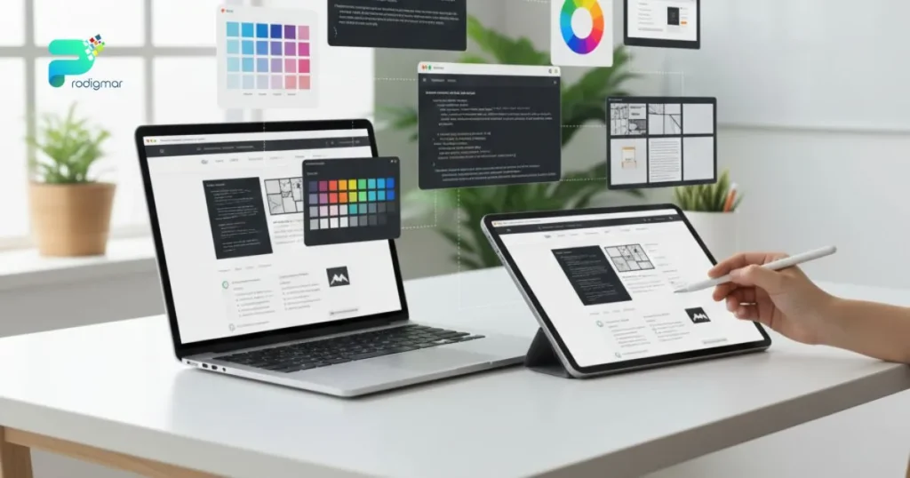 Small business website being built on laptop with design layouts and content blocks in a modern digital workspace.