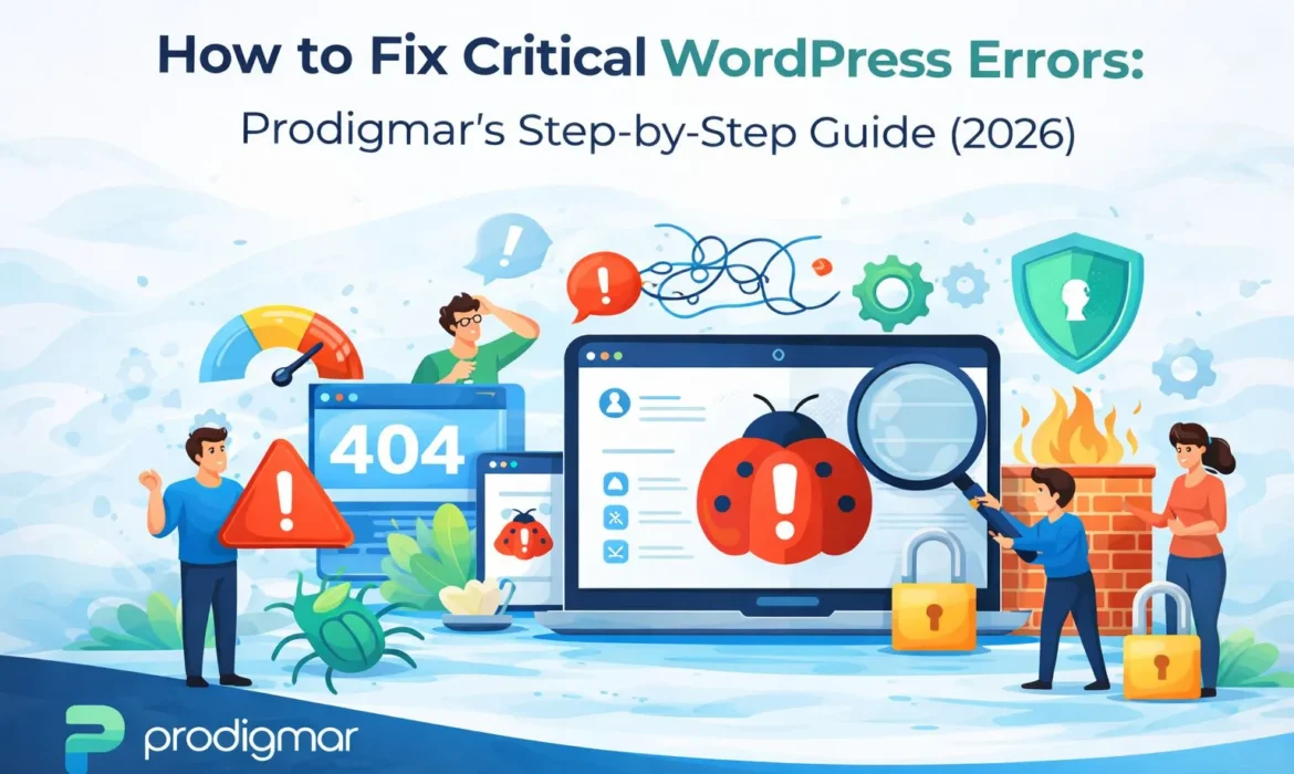 Illustration showing how Prodigmar fixes critical WordPress errors through troubleshooting and security checks