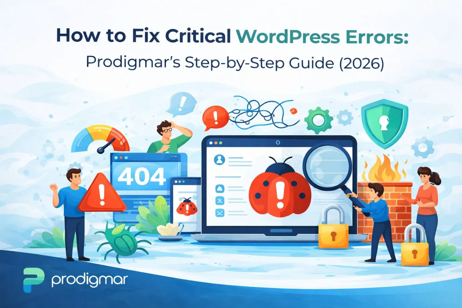 Illustration showing how Prodigmar fixes critical WordPress errors through troubleshooting and security checks