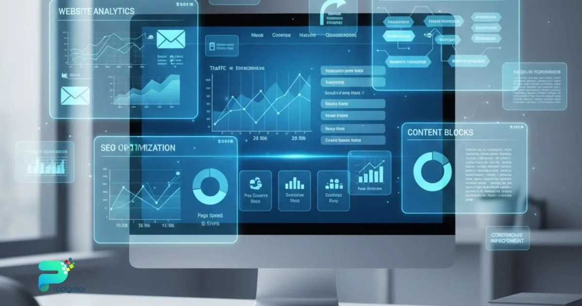 Website management dashboard for small business showing performance analytics, SEO, and content optimization in a modern professional interface.
