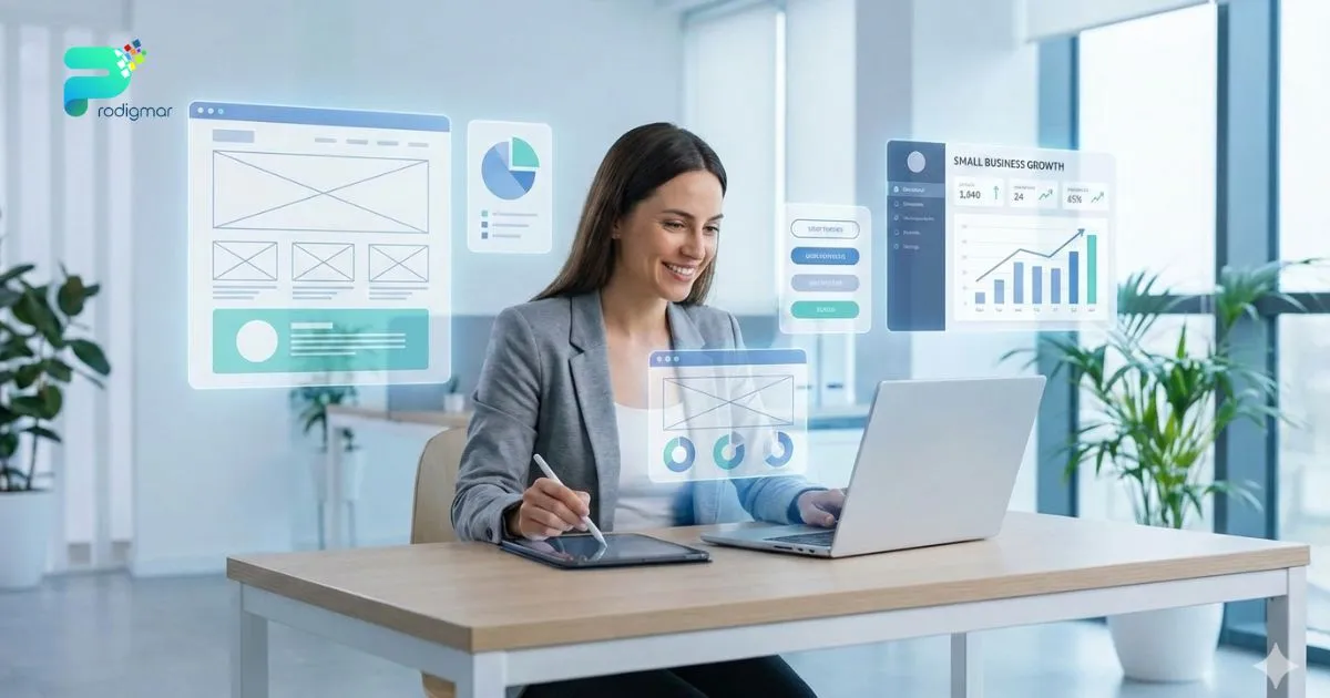 Small business owner working on modern website design with laptop and tablet, showcasing user-friendly digital interface and growth-focused design elements.