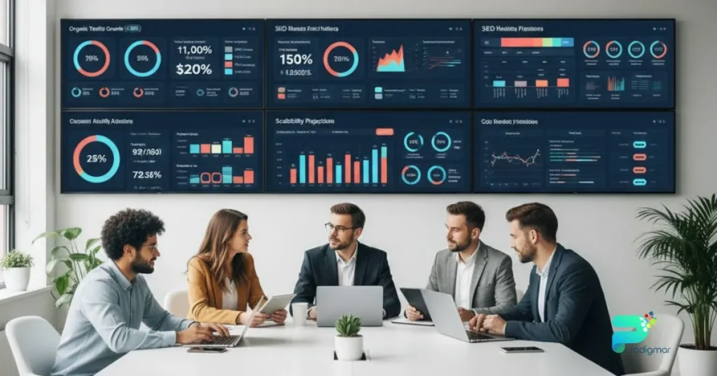 Growth marketing team collaborating on website auditing platforms with dashboards displaying SEO metrics, analytics, and performance insights.