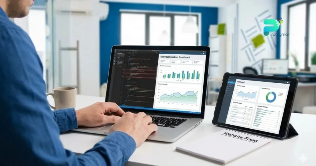 Website bug fixing improving SEO rankings with analytics and error resolution