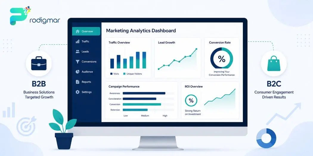 Digital marketing ROI dashboard tracking leads and conversion rate