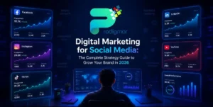 digital-marketing-social-media-strategy-guide-2026 Digital marketing for social media strategy dashboard showing multi-platform analytics in 2026