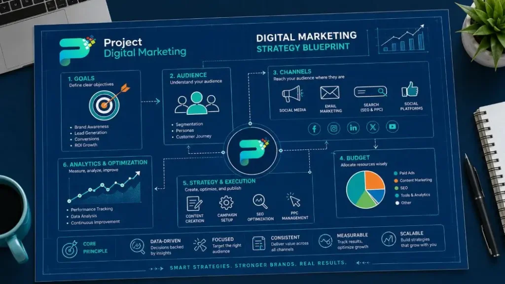 Digital marketing strategy blueprint showing connected goals, audience, channels, and budget icons