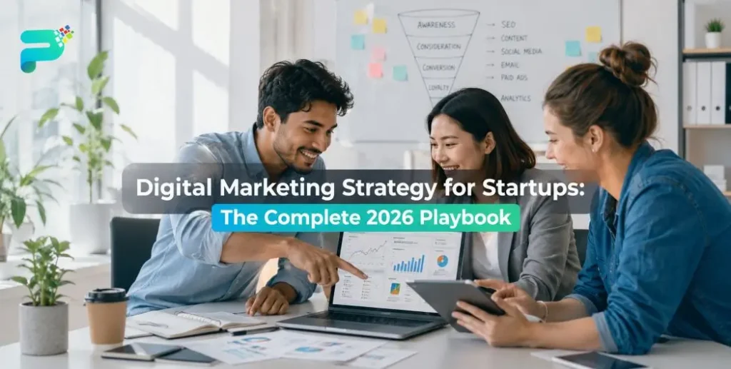 Startup team reviewing digital marketing strategy and analytics dashboard for 2026"