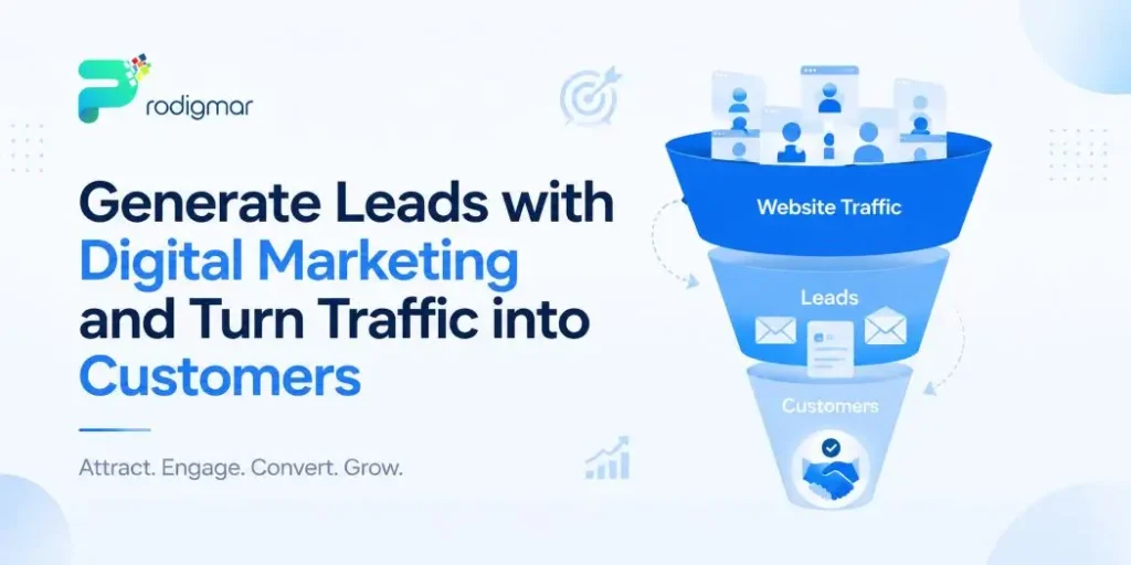 Digital marketing funnel showing how website traffic turns into leads and customers