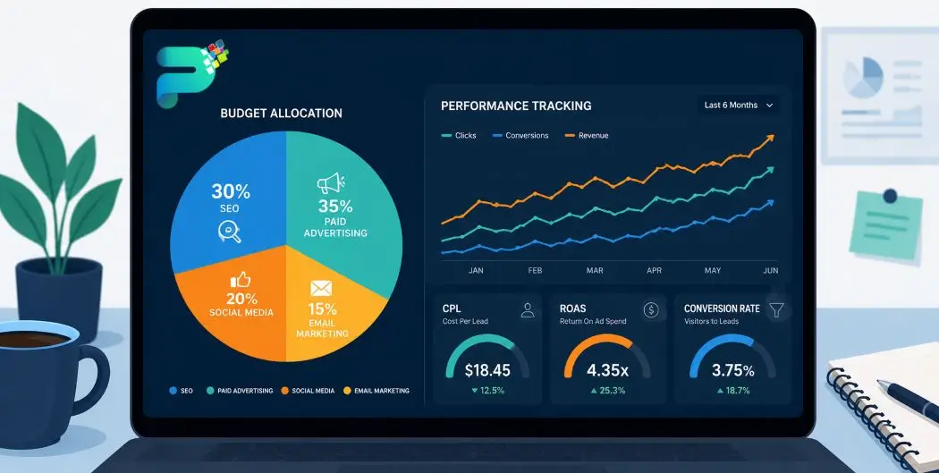 Marketing budget allocation chart and performance tracking dashboard with KPIs