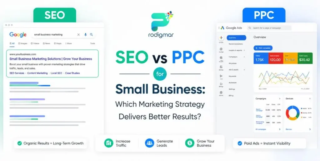 SEO vs PPC for small business comparison graphic.