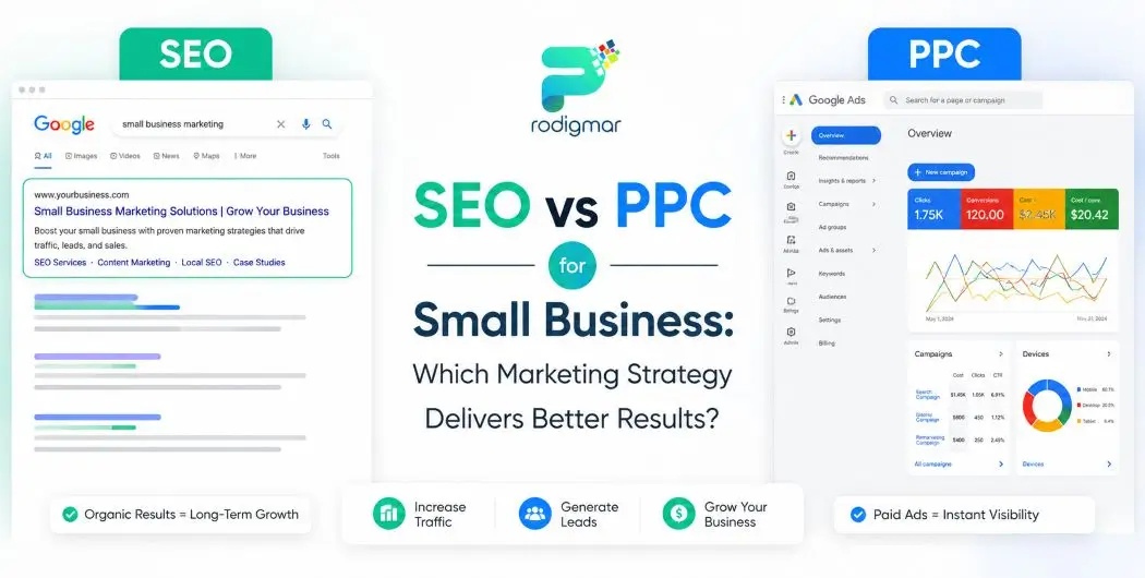 seo-vs-ppc-for-small-business-hero SEO vs PPC for small business comparison graphic.