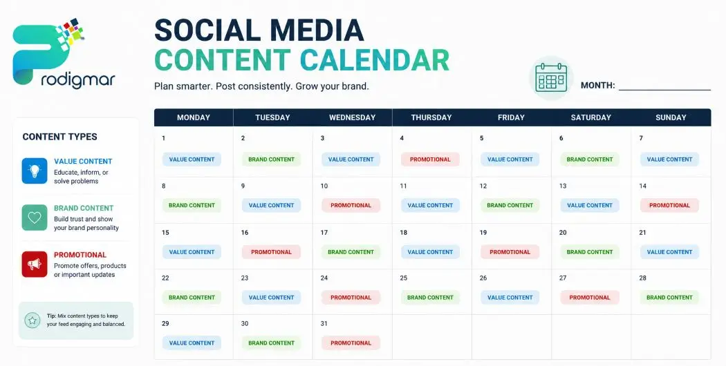 Monthly social media content calendar template for small businesses