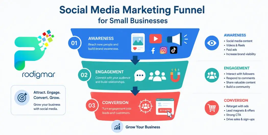 Social media marketing funnel for small businesses showing awareness, engagement, and conversion stages