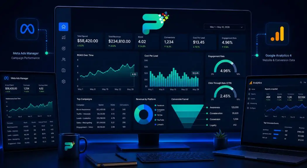 Social media ROI measurement reporting dashboard showing ROAS engagement rate and conversion analytics tracking