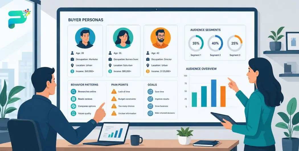 target-audience-buyer-persona-research Marketing team analyzing buyer personas and target audience data on screen