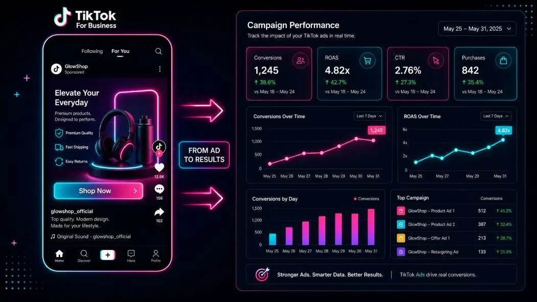 TikTok ad campaign connected to pixel conversion tracking dashboard
