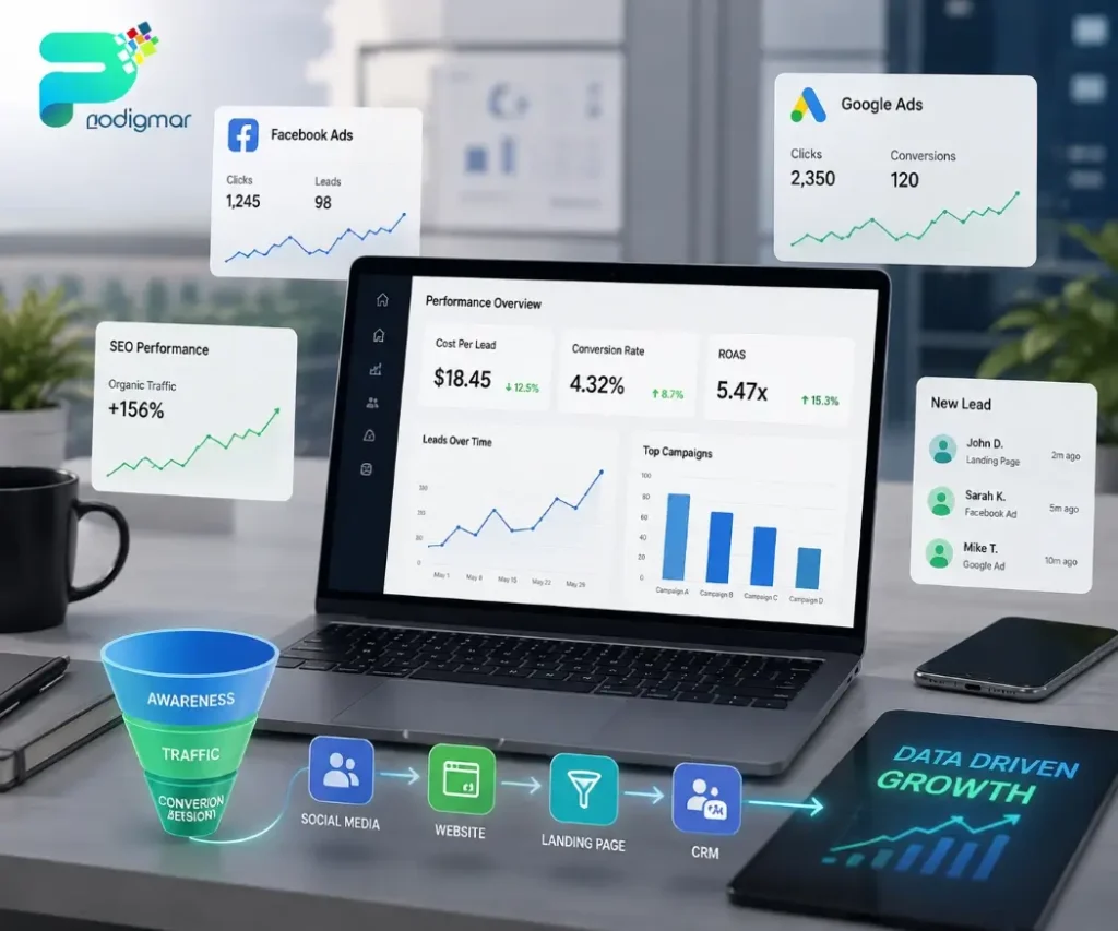 Prodigmar's hero showing digital marketing agency dashboard with performance metrics, sales funnels, and campaign data for data-driven growth.