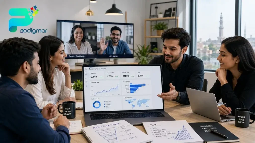 A team at a Digital Marketing Agency reviewing performance metrics and marketing strategies on a laptop during a collaborative office meeting.