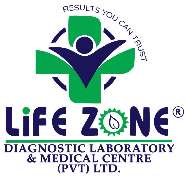The Life Zone Diagnostic Laboratory logo featuring a green medical cross, a stylized human figure, and the slogan Results You Can Trust.