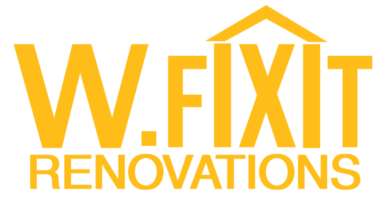 The yellow W.FIXIT RENOVATIONS logo featuring a house roof icon above the letter I, set against a black background for brand identity.