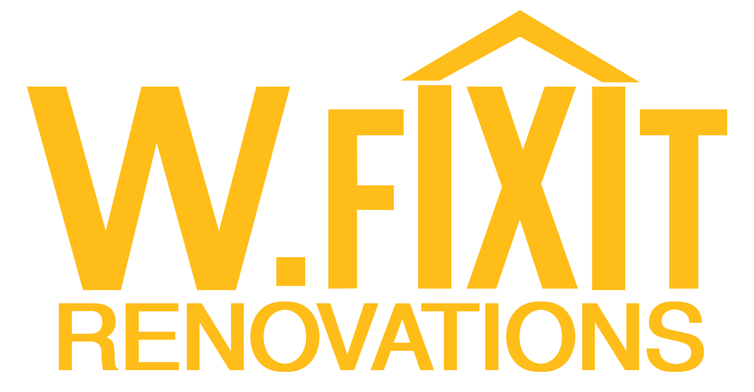 The yellow W.FIXIT RENOVATIONS logo featuring a house roof icon above the letter I, set against a black background for brand identity.