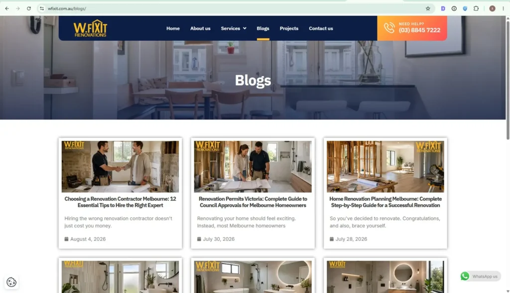 W.Fixit Website Redesign Blog Page A screenshot of the W.Fixit Website Redesign showing a blog page with various articles about home renovation tips and planning in Melbourne.