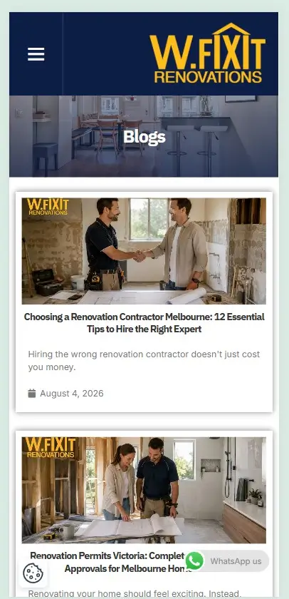 W.Fixit Website Redesign Blog Layout A mobile view of the W.Fixit website redesign showcasing renovation blog posts with images of contractors and homeowners reviewing project plans.