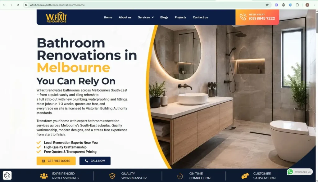 W.Fixit Website Redesign The W.Fixit website redesign featuring a modern bathroom renovation project with a wooden vanity and circular mirror for professional services.
