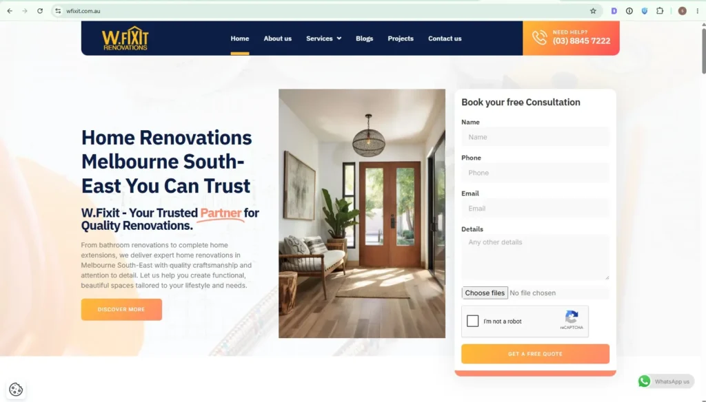 W.Fixit Website Redesign Consultation Page A screenshot of the W.Fixit website redesign featuring a home renovation consultation form and a modern interior design image.