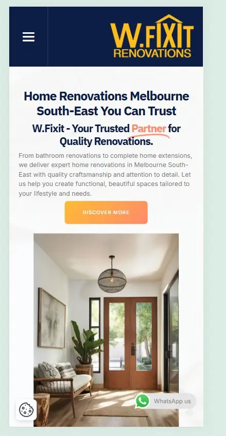 W.Fixit Website Redesign Showcase A mobile view of the W.Fixit Website Redesign showcasing home renovation services, a call to action button, and a modern entryway interior photo.