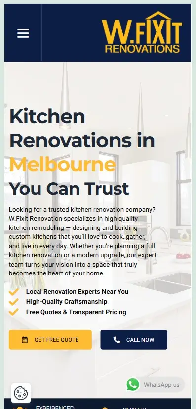 W.Fixit Website Redesign Mobile View Mobile view of the W.Fixit Website Redesign showcasing kitchen renovation services in Melbourne with clear call to action buttons.