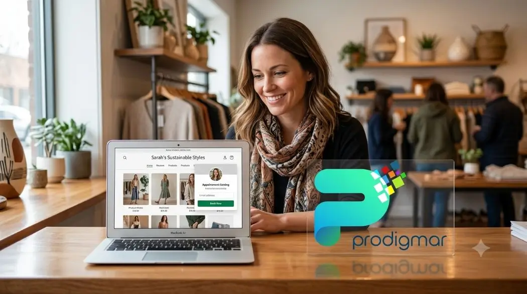 business-website-design-for-small-business Small business owner reviewing her new business website design on a laptop