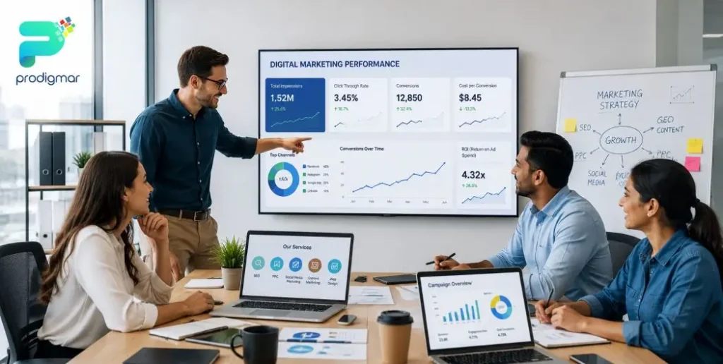 Digital Marketing Strategy Meeting A professional team reviewing digital marketing performance analytics and Facebook Ads Services for Small Business strategies in a meeting room.